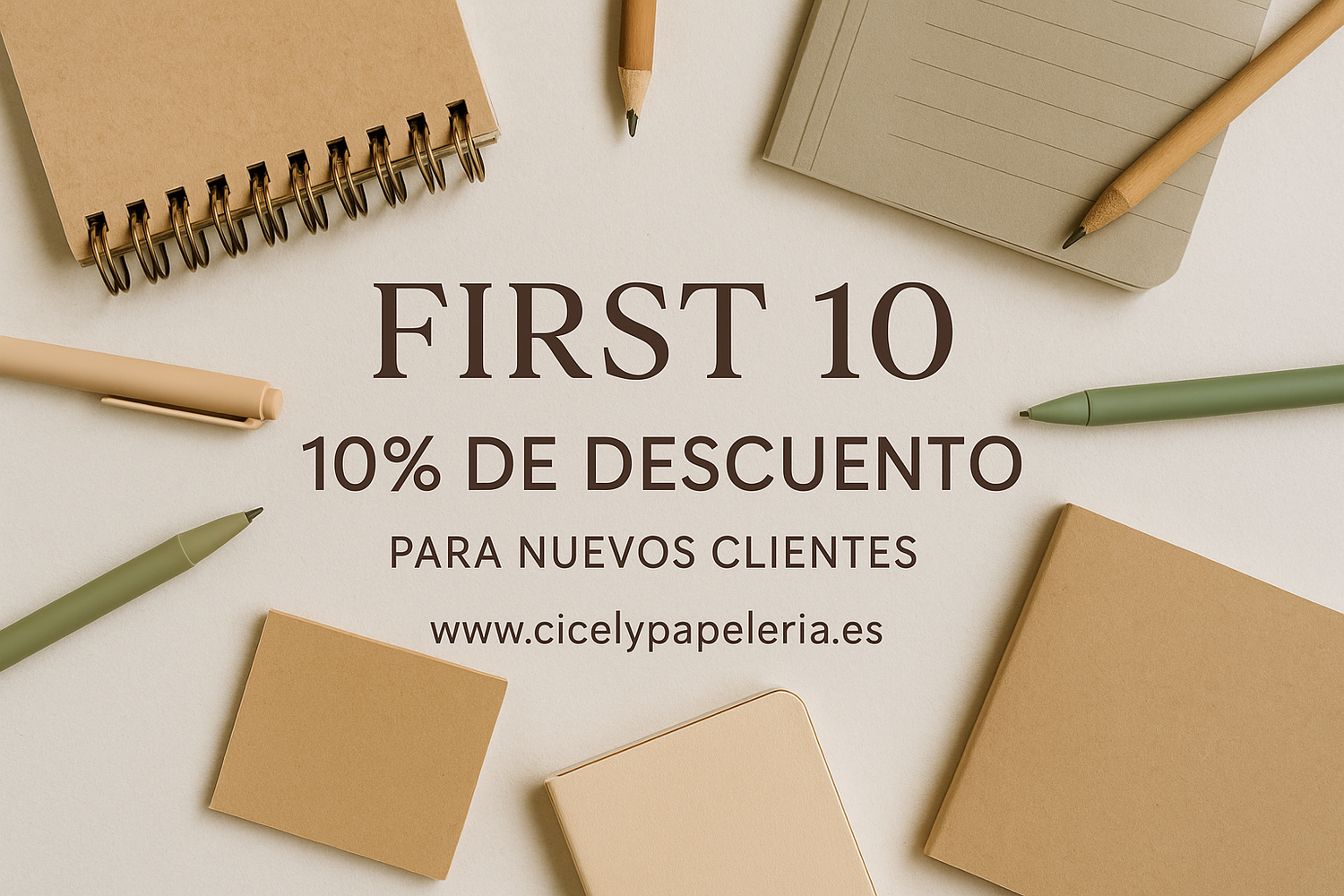 Imagen promocional para el código de descuento First 10 con fondo de papelería en tonos naturales para nuevos clientes
